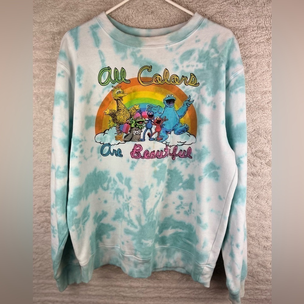 SESAME STREET "All Colors are Beautiful" Tie Dye Sweatshirt Large Cookie Monster